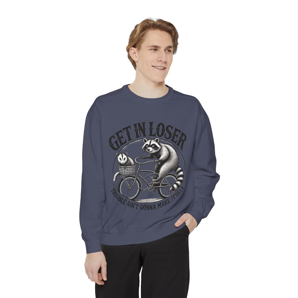 Get In Loser Sweatshirt — Raccoon Bike Graphic Cozy Pullover