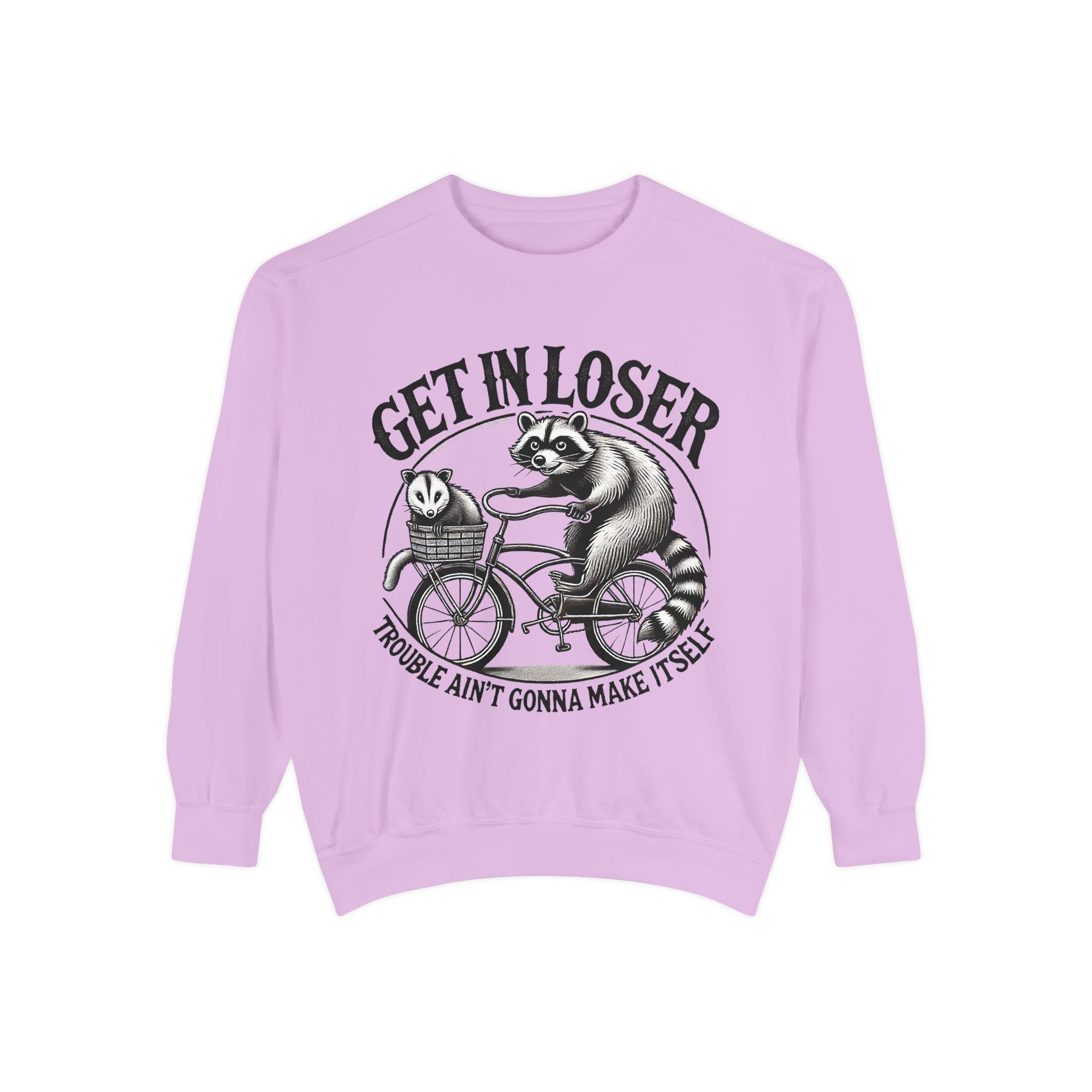 Get In Loser Sweatshirt — Raccoon Bike Graphic Cozy Pullover