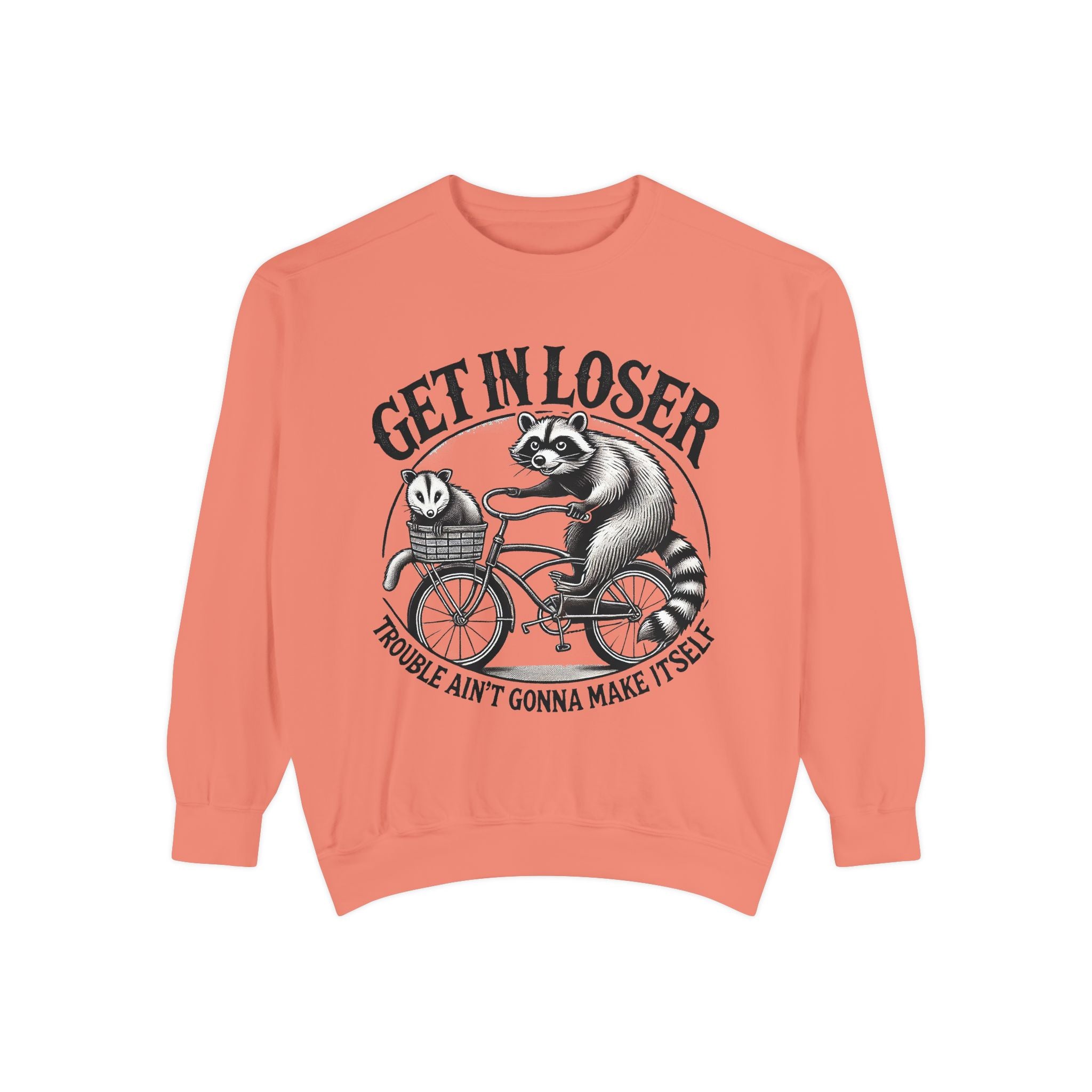 Get In Loser Sweatshirt — Raccoon Bike Graphic Cozy Pullover