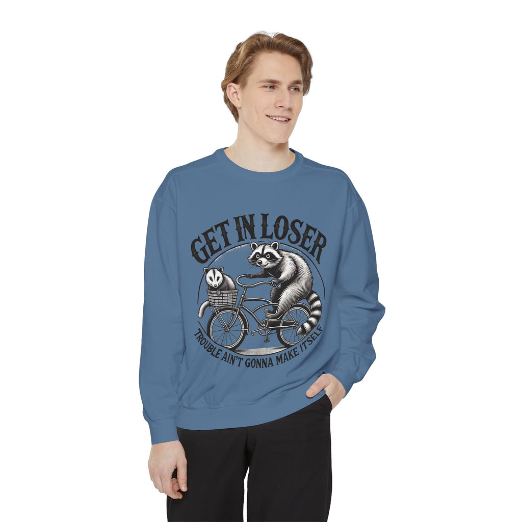 Get In Loser Sweatshirt — Raccoon Bike Graphic Cozy Pullover