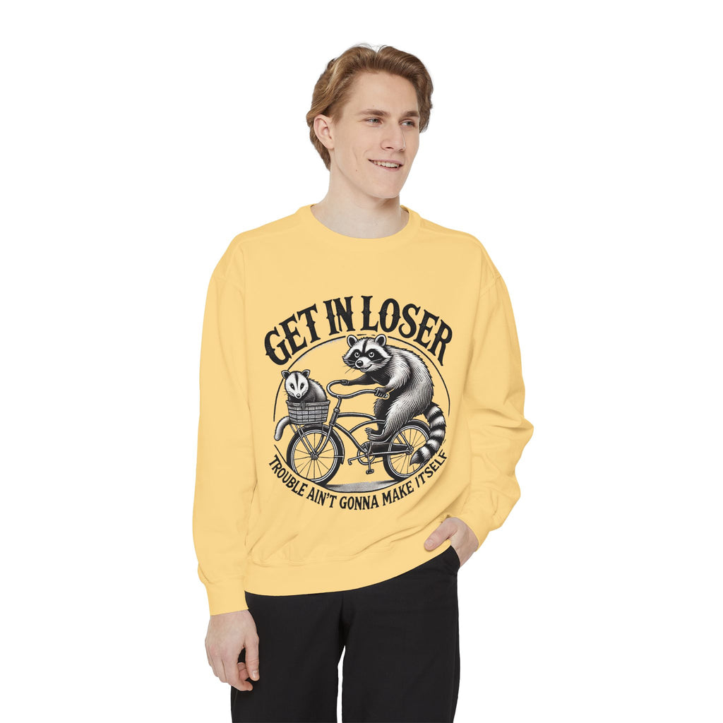 Get In Loser Sweatshirt — Raccoon Bike Graphic Cozy Pullover