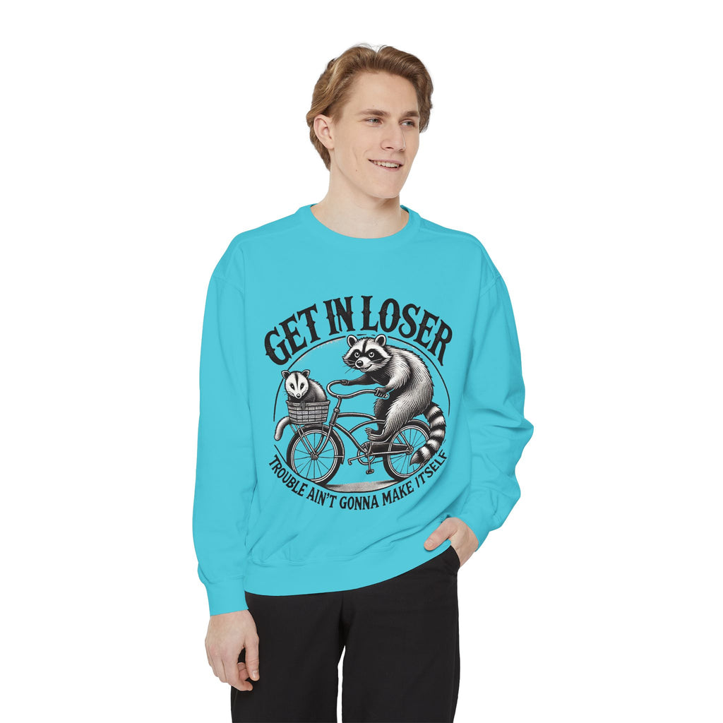 Get In Loser Sweatshirt — Raccoon Bike Graphic Cozy Pullover