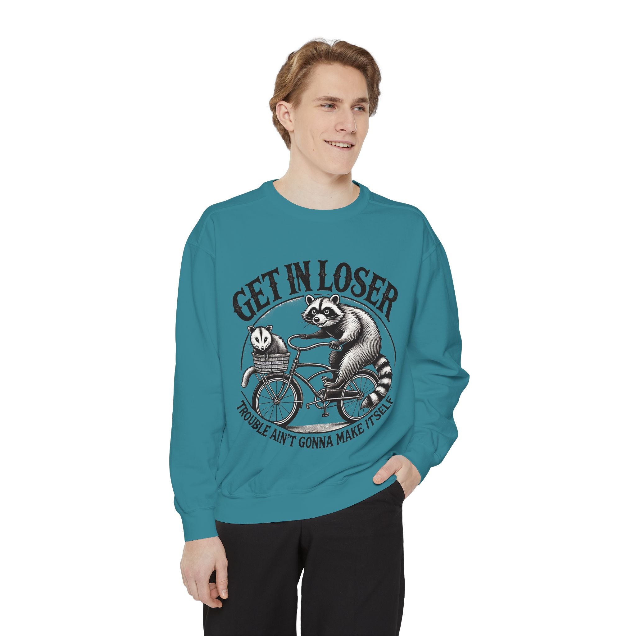 Get In Loser Sweatshirt — Raccoon Bike Graphic Cozy Pullover