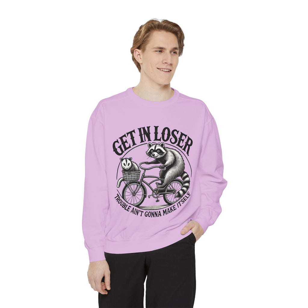 Get In Loser Sweatshirt — Raccoon Bike Graphic Cozy Pullover