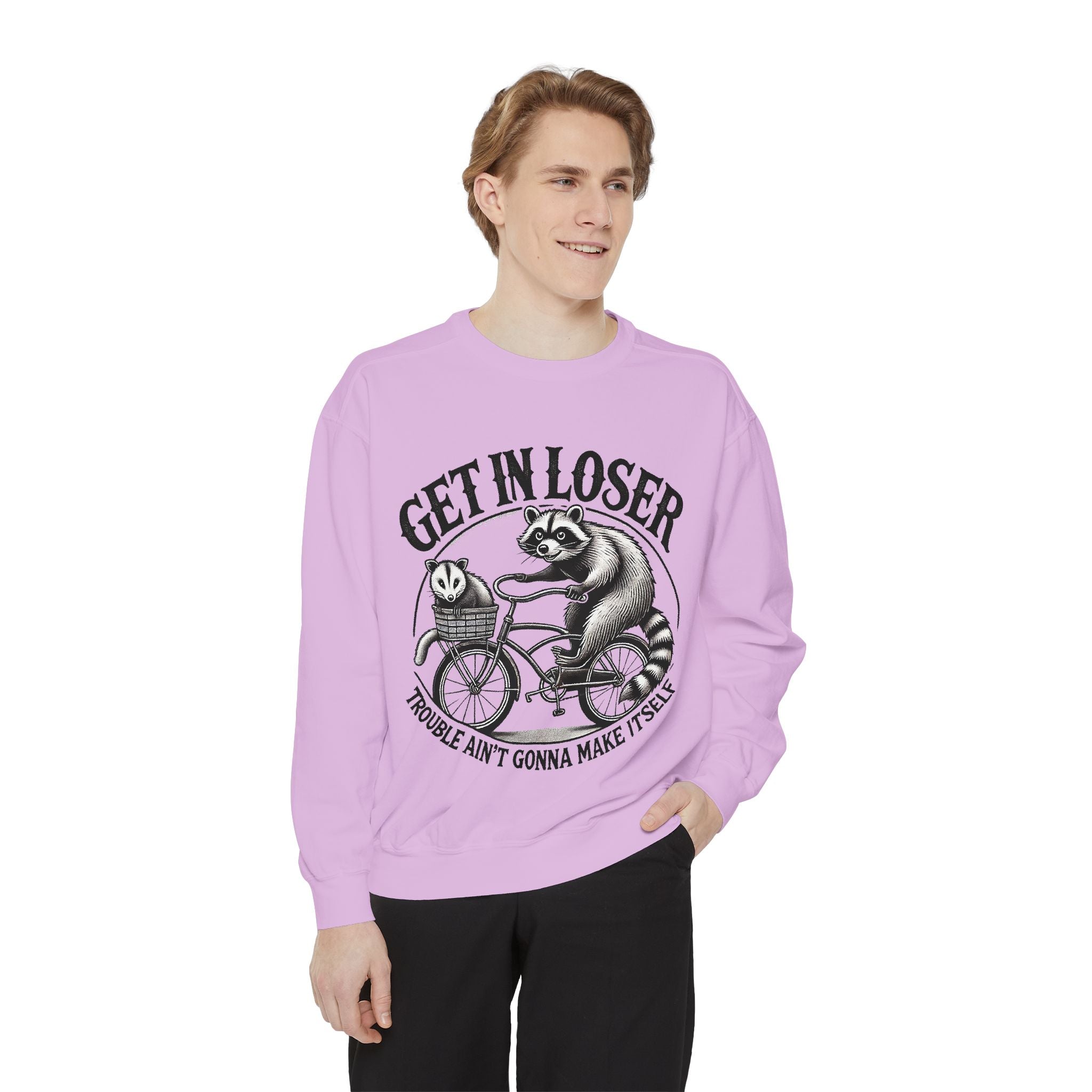 Get In Loser Sweatshirt — Raccoon Bike Graphic Cozy Pullover