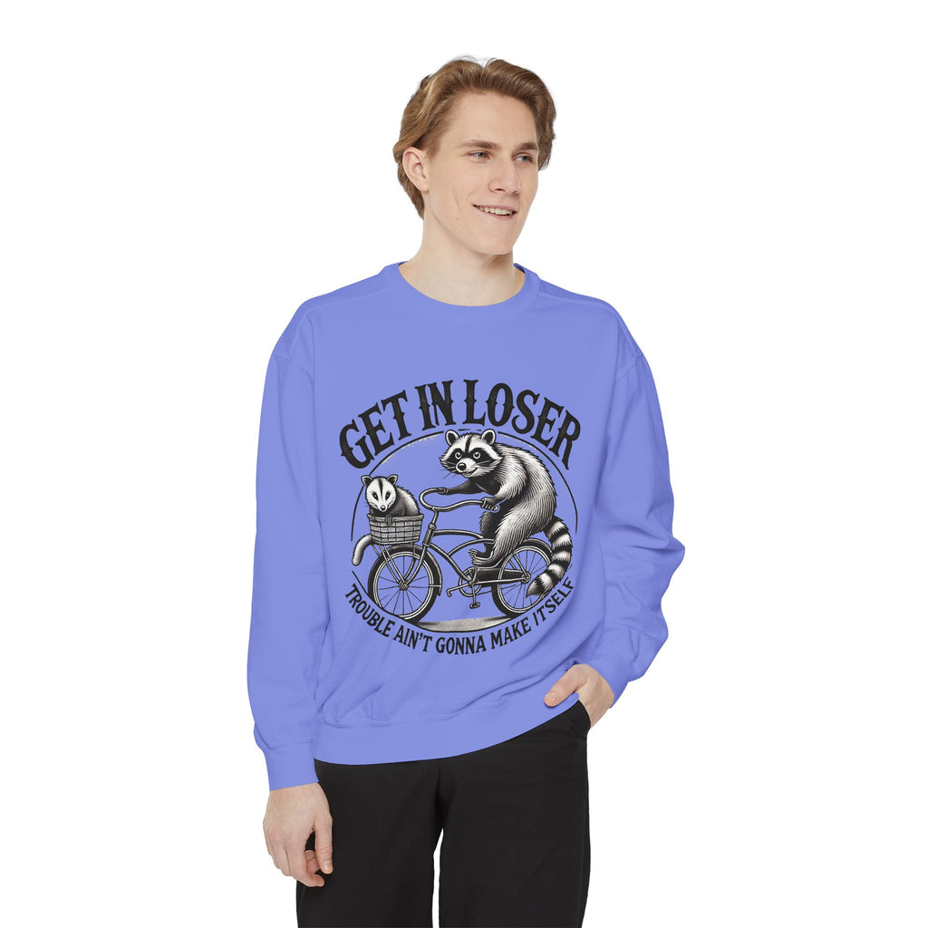 Get In Loser Sweatshirt — Raccoon Bike Graphic Cozy Pullover
