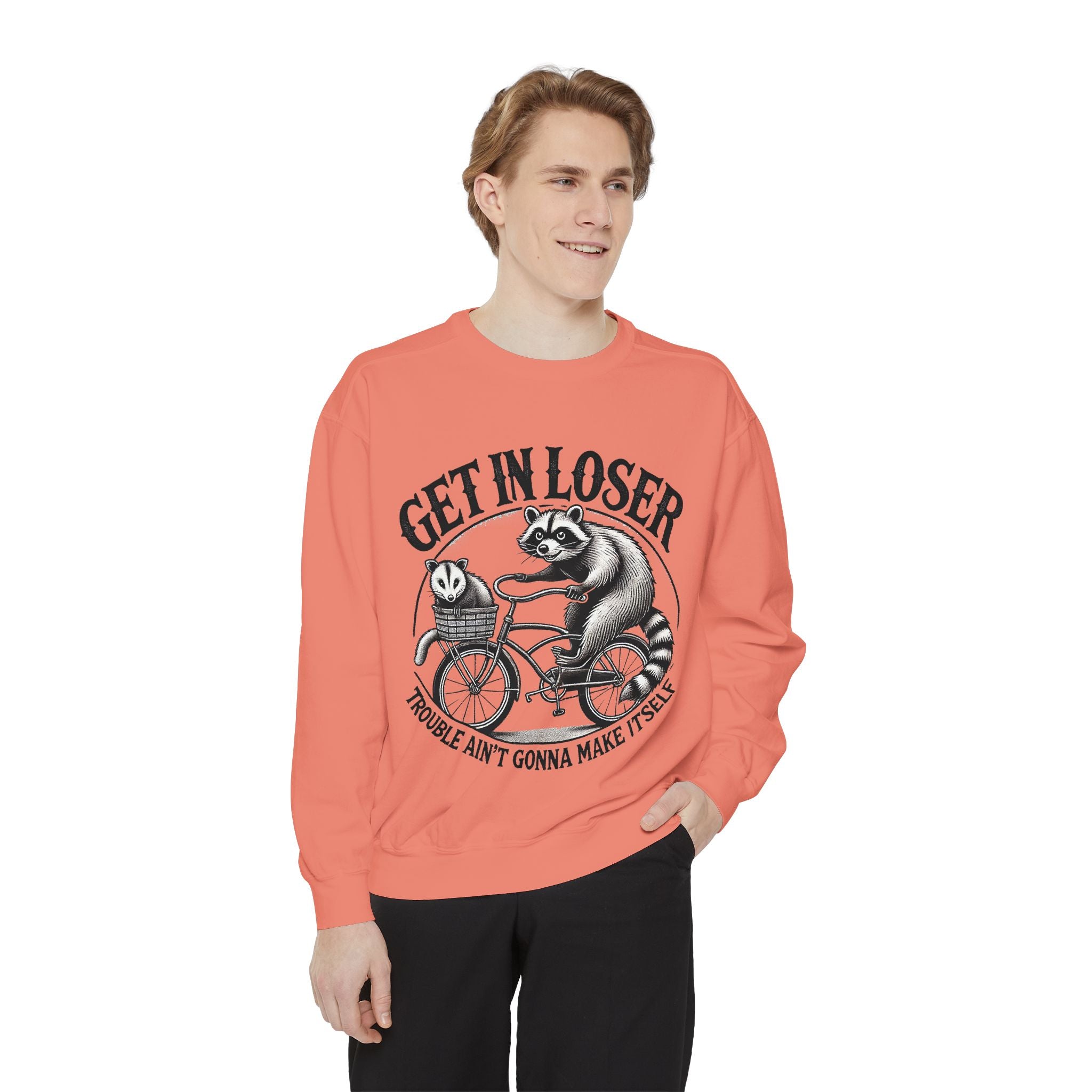 Get In Loser Sweatshirt — Raccoon Bike Graphic Cozy Pullover
