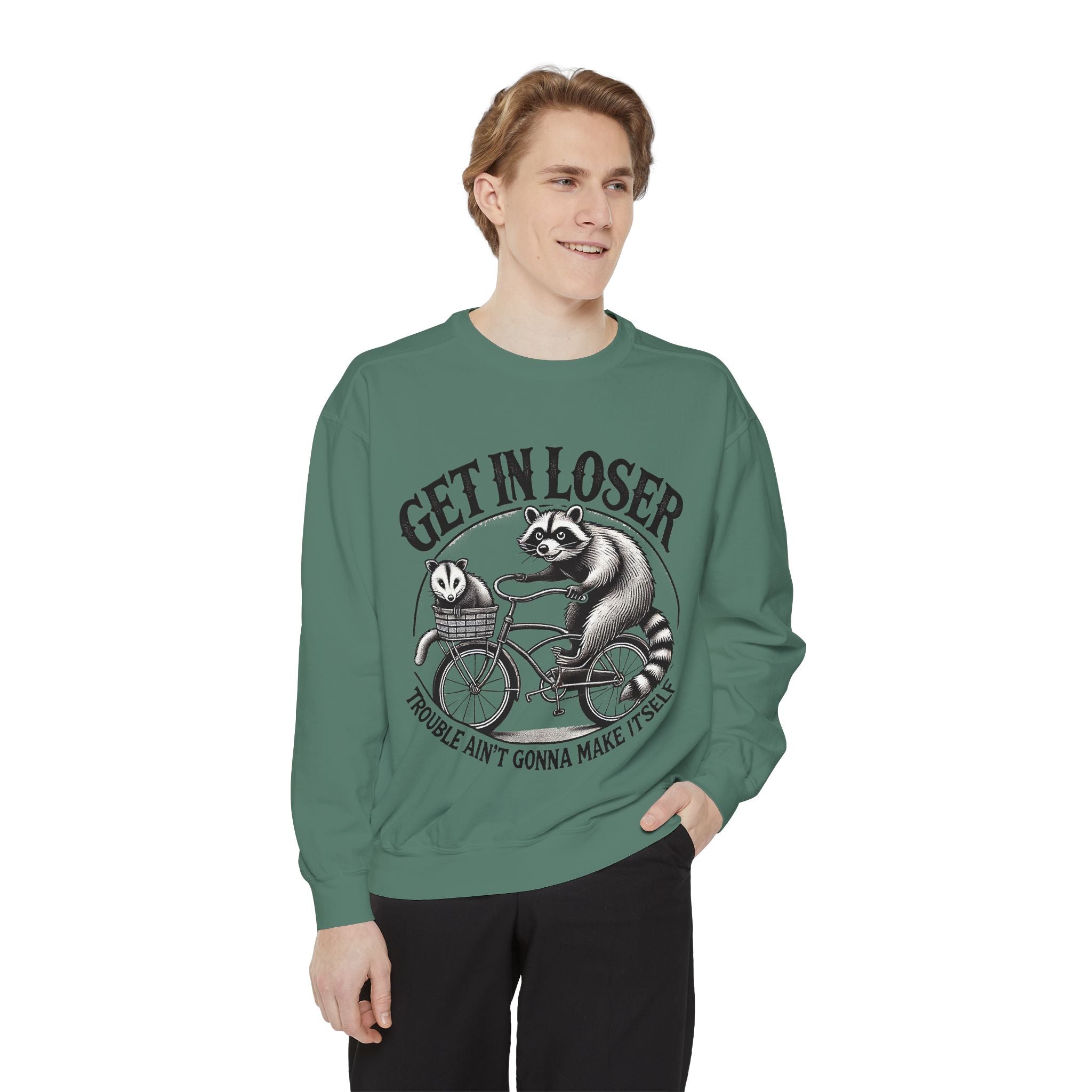 Get In Loser Sweatshirt — Raccoon Bike Graphic Cozy Pullover