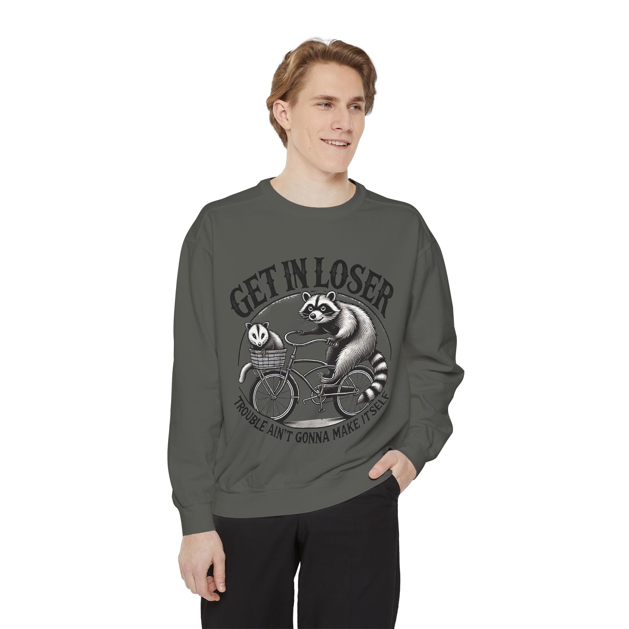 Get In Loser Sweatshirt — Raccoon Bike Graphic Cozy Pullover