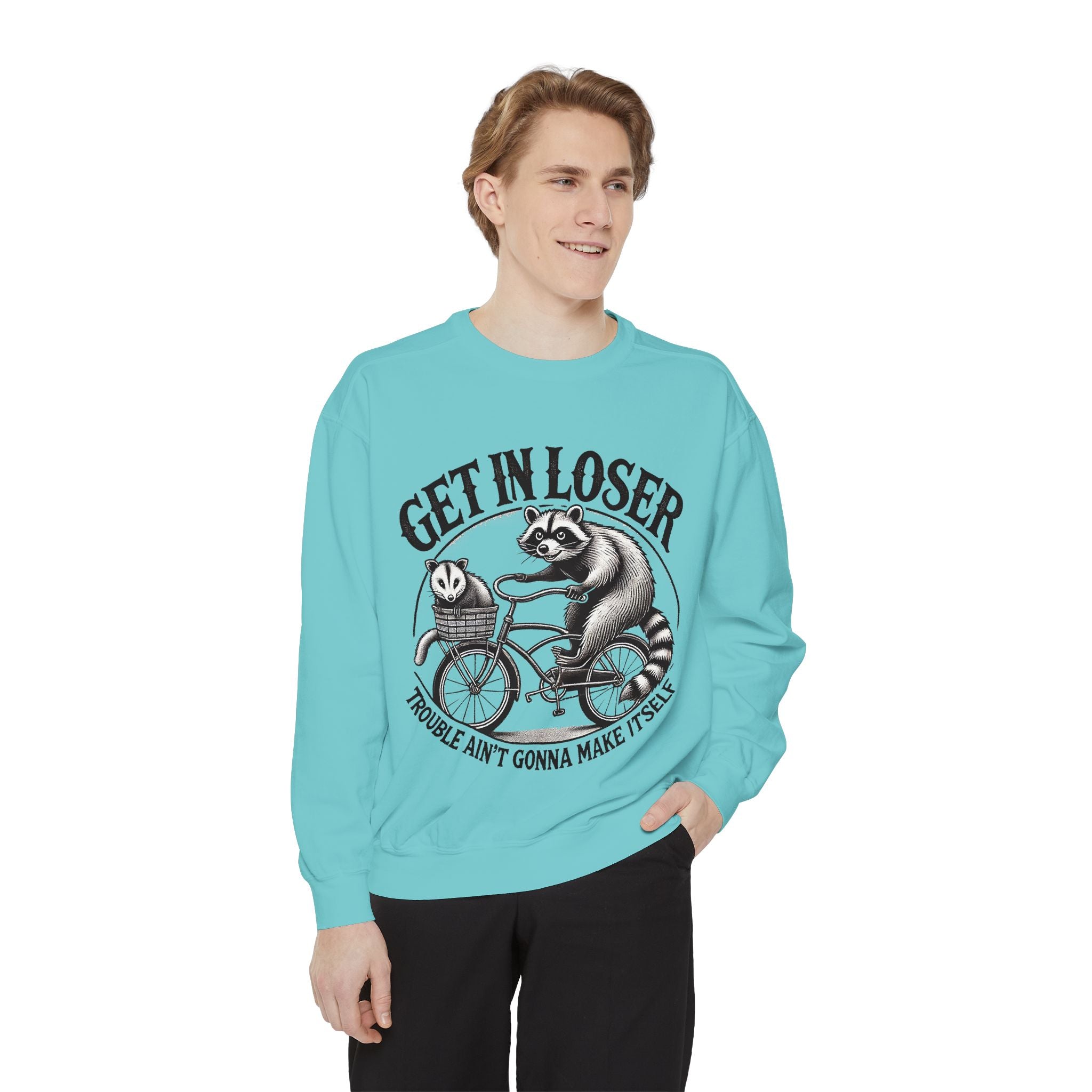 Get In Loser Sweatshirt — Raccoon Bike Graphic Cozy Pullover