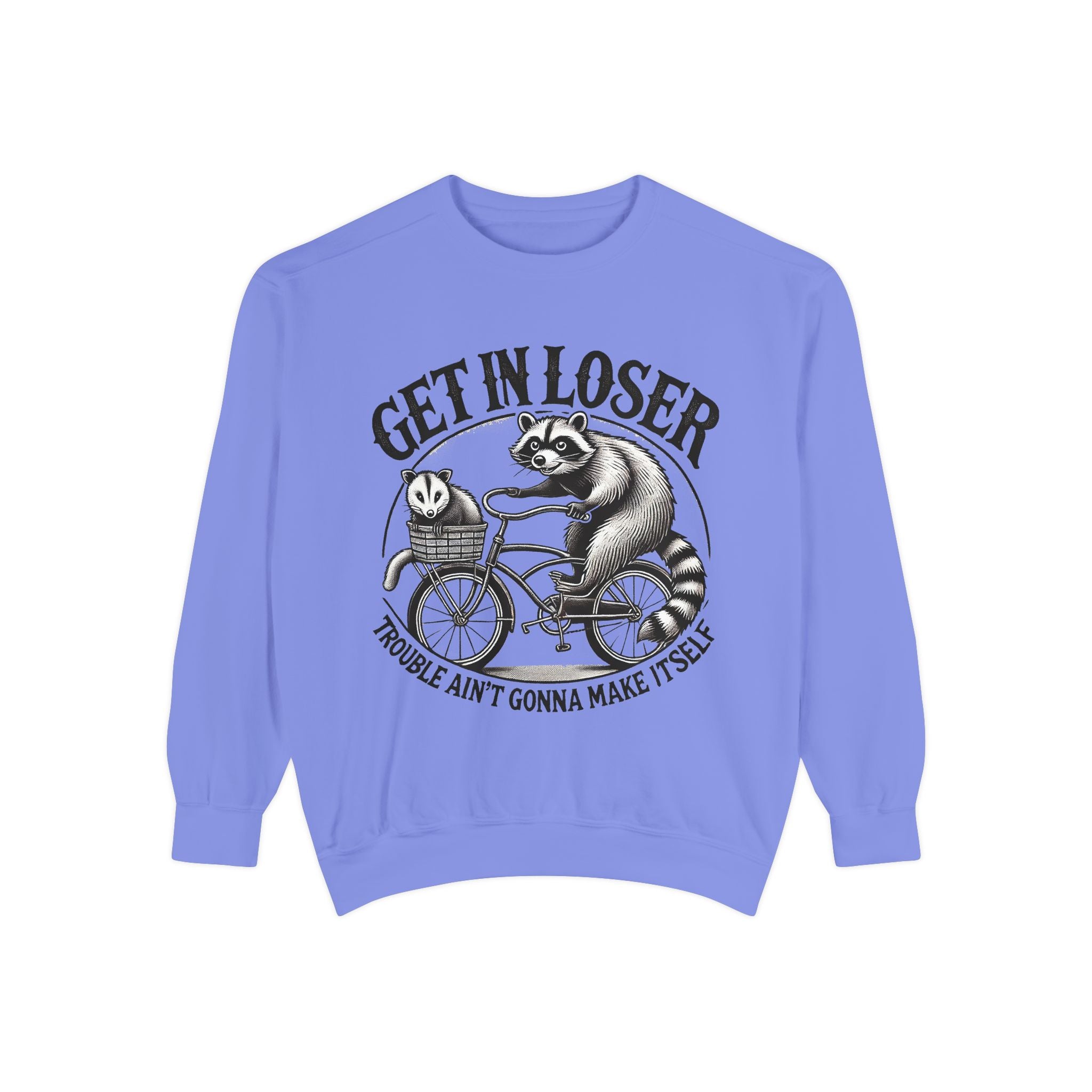 Get In Loser Sweatshirt — Raccoon Bike Graphic Cozy Pullover