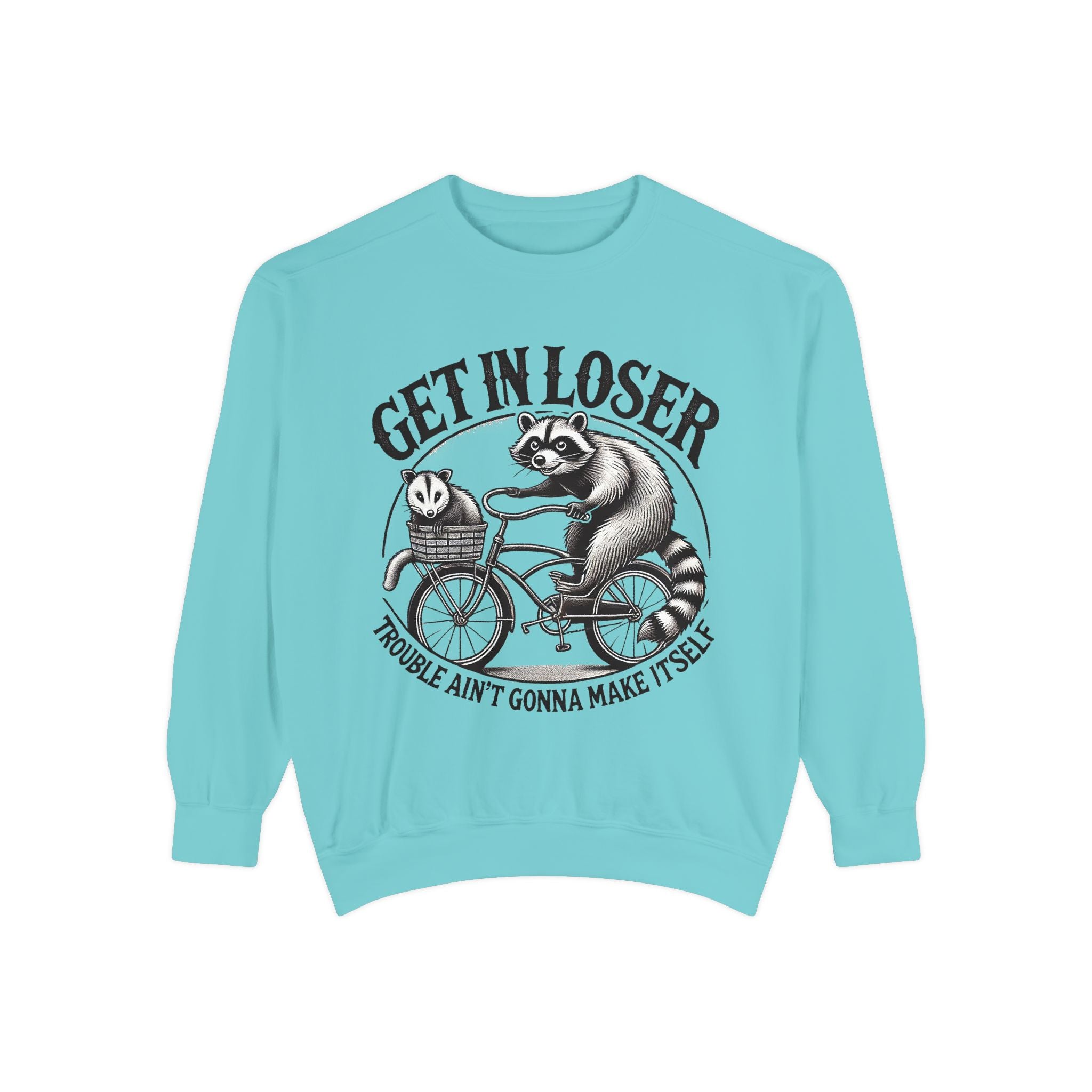 Get In Loser Sweatshirt — Raccoon Bike Graphic Cozy Pullover