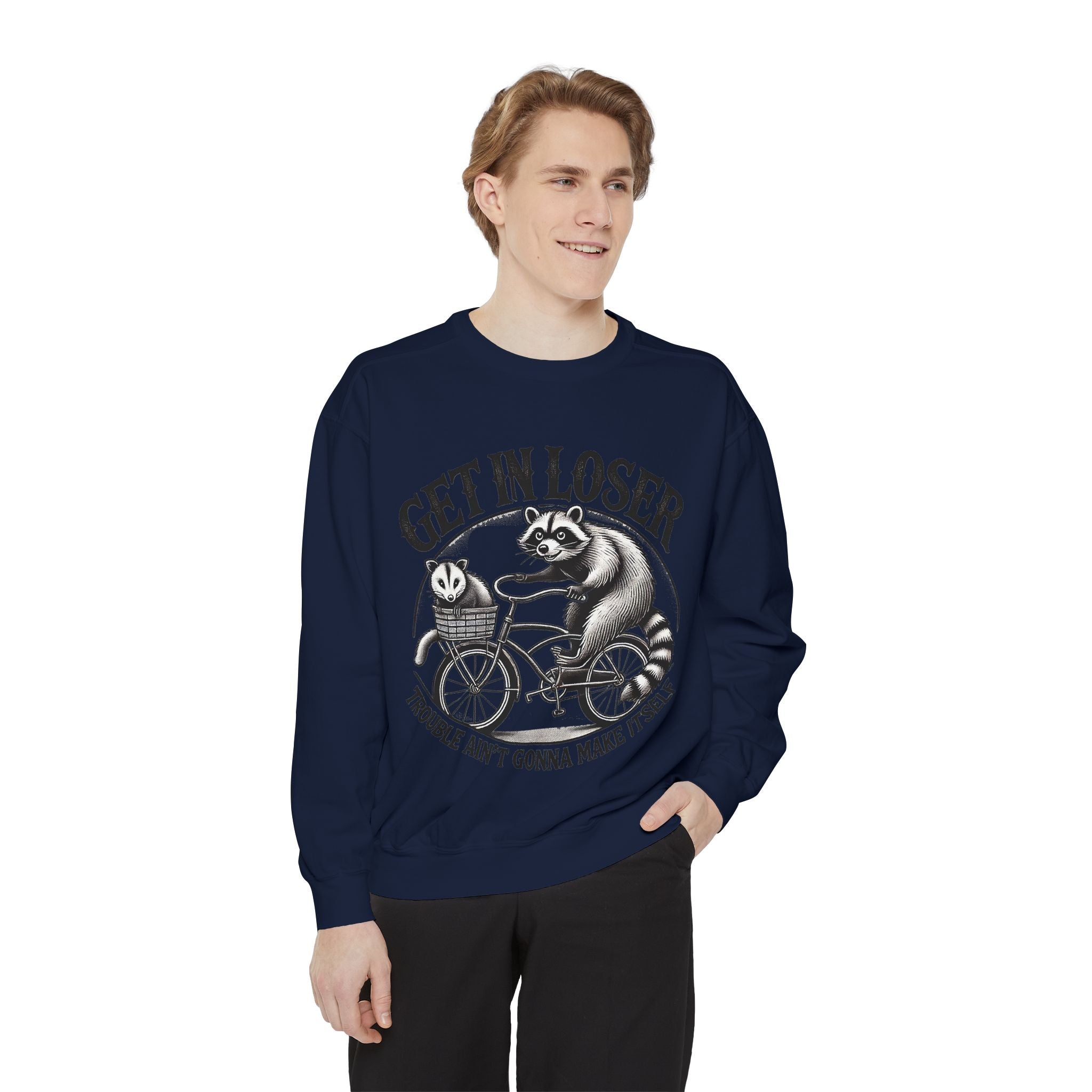 Get In Loser Sweatshirt — Raccoon Bike Graphic Cozy Pullover