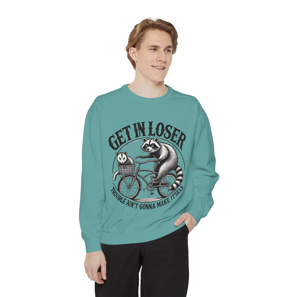 Get In Loser Sweatshirt — Raccoon Bike Graphic Cozy Pullover