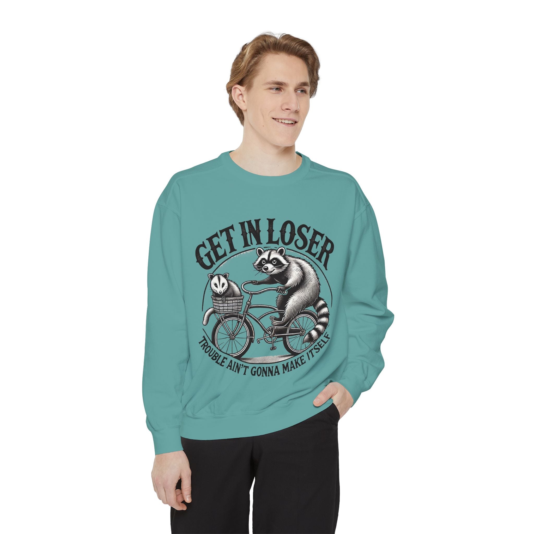 Get In Loser Sweatshirt — Raccoon Bike Graphic Cozy Pullover