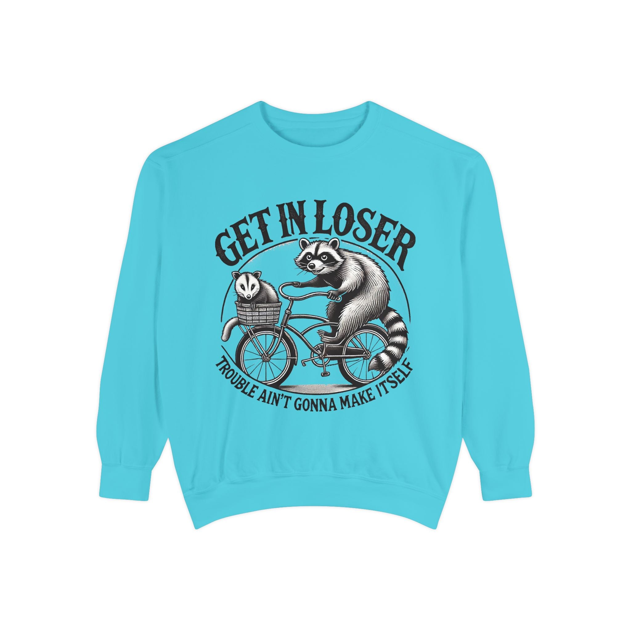 Get In Loser Sweatshirt — Raccoon Bike Graphic Cozy Pullover