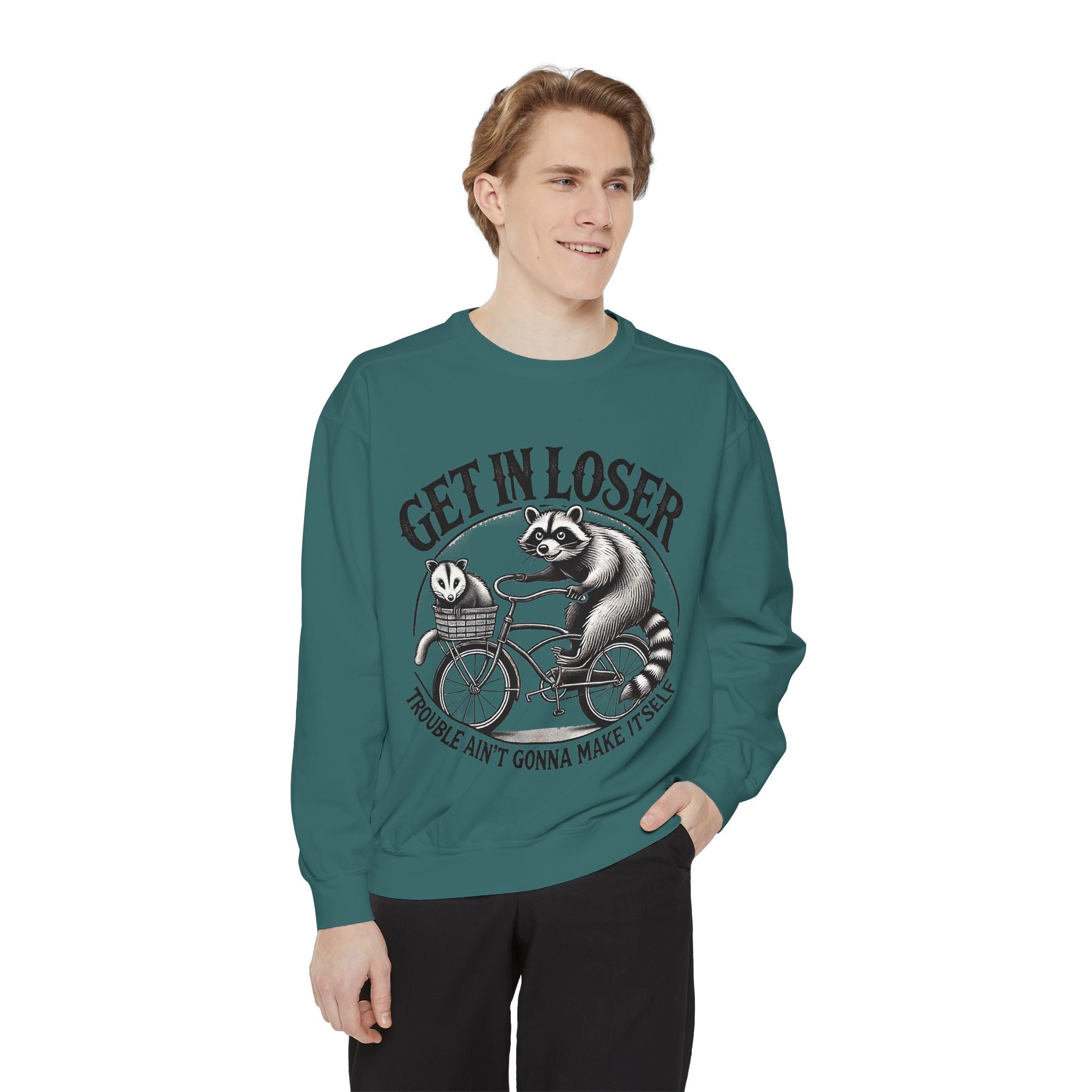 Get In Loser Sweatshirt — Raccoon Bike Graphic Cozy Pullover