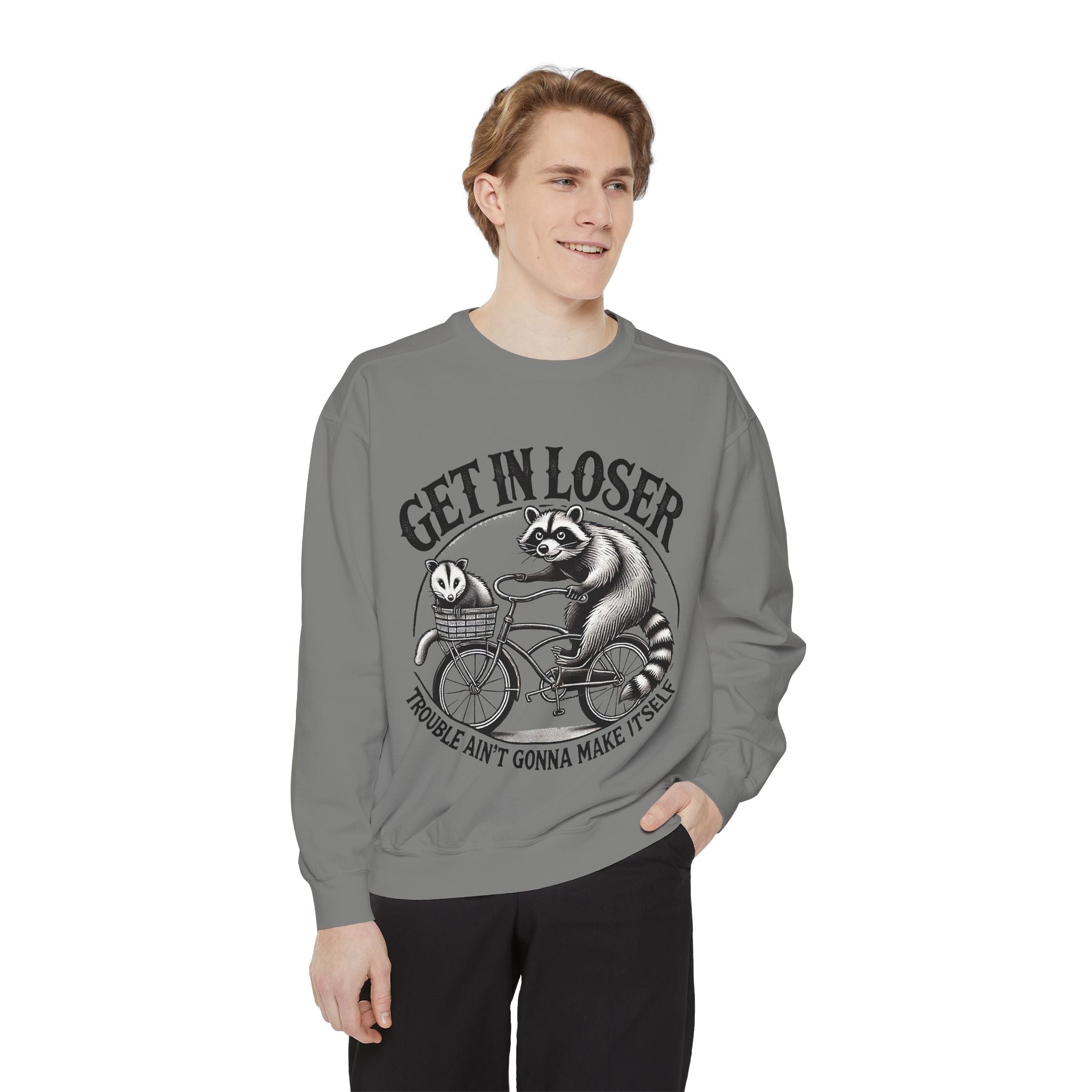 Get In Loser Sweatshirt — Raccoon Bike Graphic Cozy Pullover